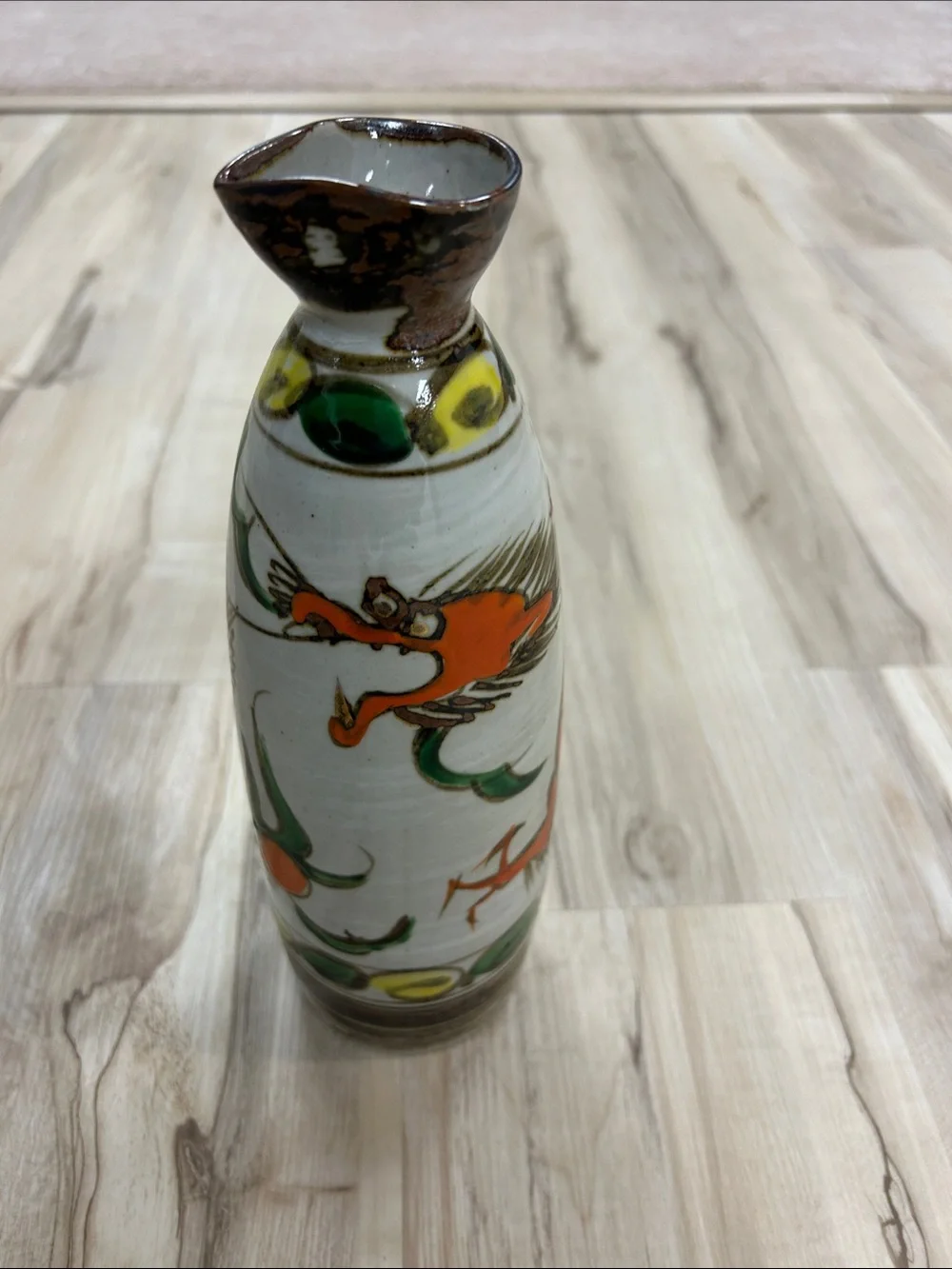 Hand-Painted Ceramic Sake Bottle with Orange Dragon Motif